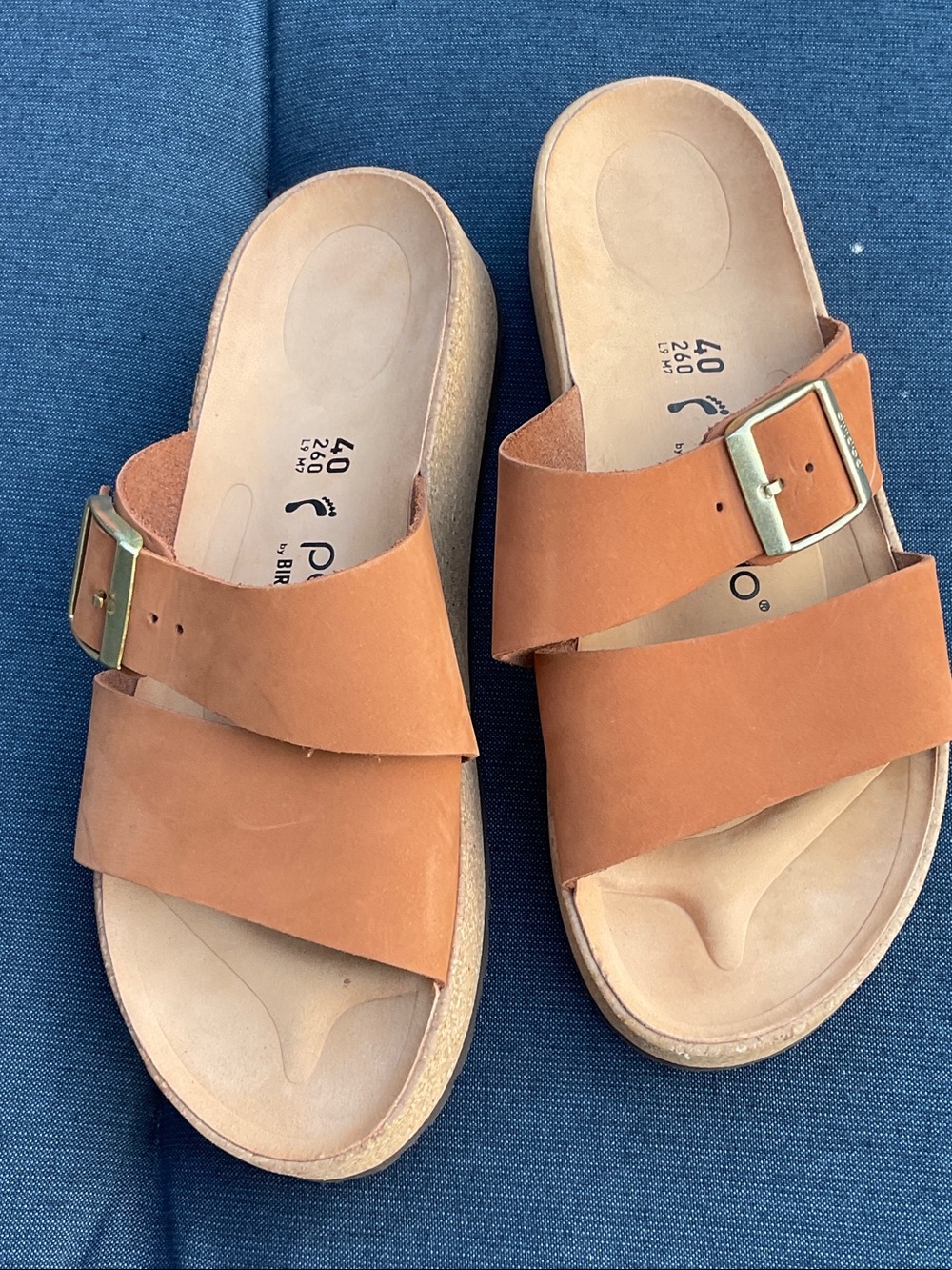 Papillio  Birkenstock Cognac Leather Slide Sandals with Brass Buckles - Picture 2 of 6